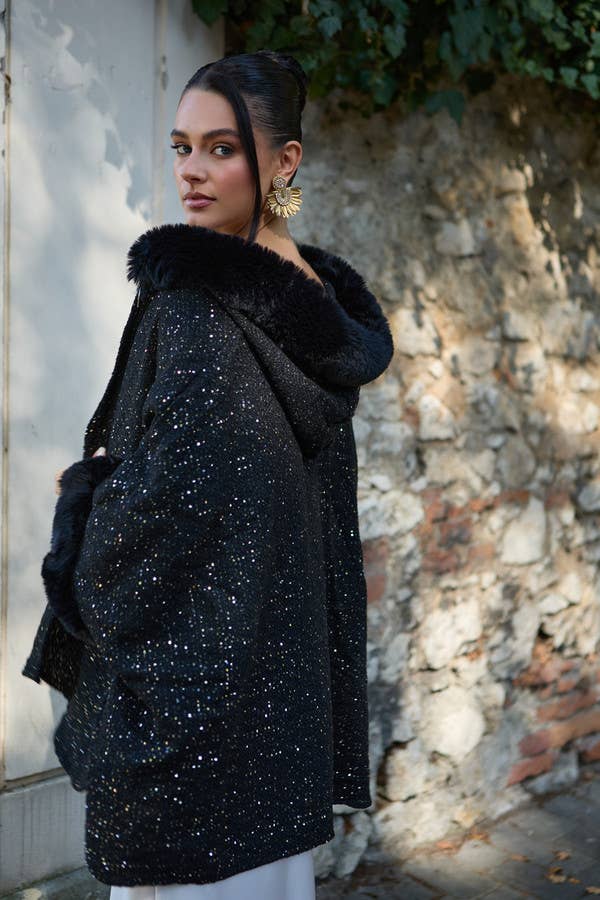 SAACHI black sequin cape with faux fur hood and cuffs