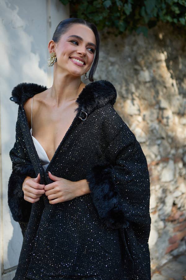 Black sparkling sequin cape with plush faux fur trim