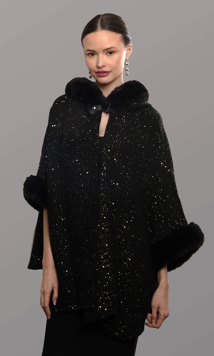 SAACHI black sequin faux fur cape front view