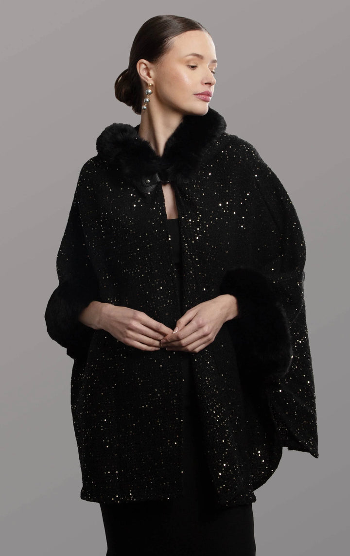Black sequin cape with faux fur cuffs and collar