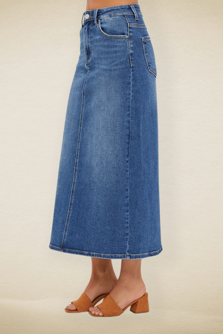 Mandy High Rise Back Slit Denim Skirt - Risen