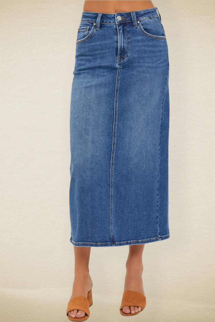 Mandy High Rise Back Slit Denim Skirt - Risen