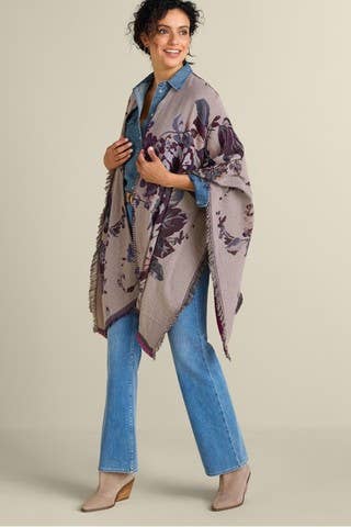Woven floral ruana in plum taupe and charcoal front view