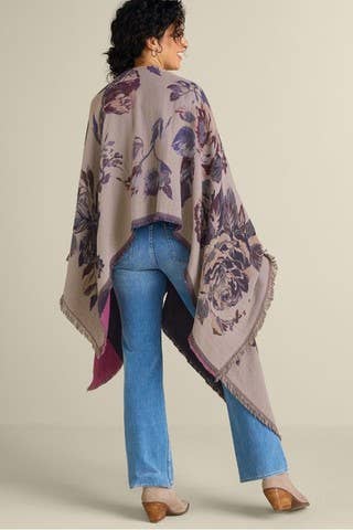 Back view of Beatrix floral ruana with fringe trim