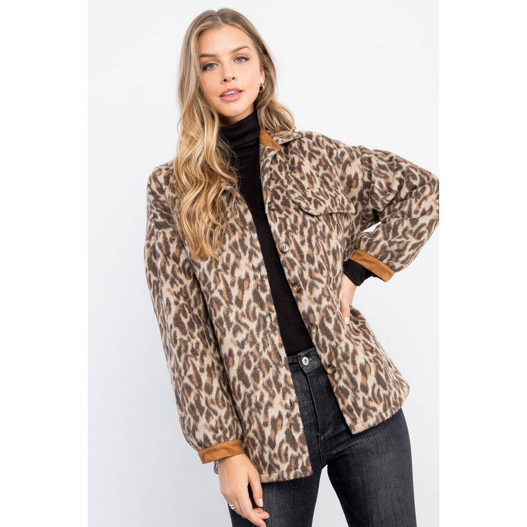 Wild Thing leopard print jacket with button front, chest pockets and camel contrast collar and cuffs.