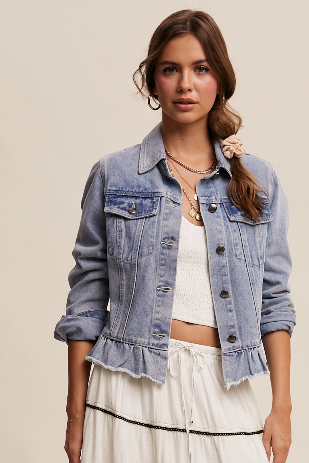 Ruffled Hem Denim Jacket