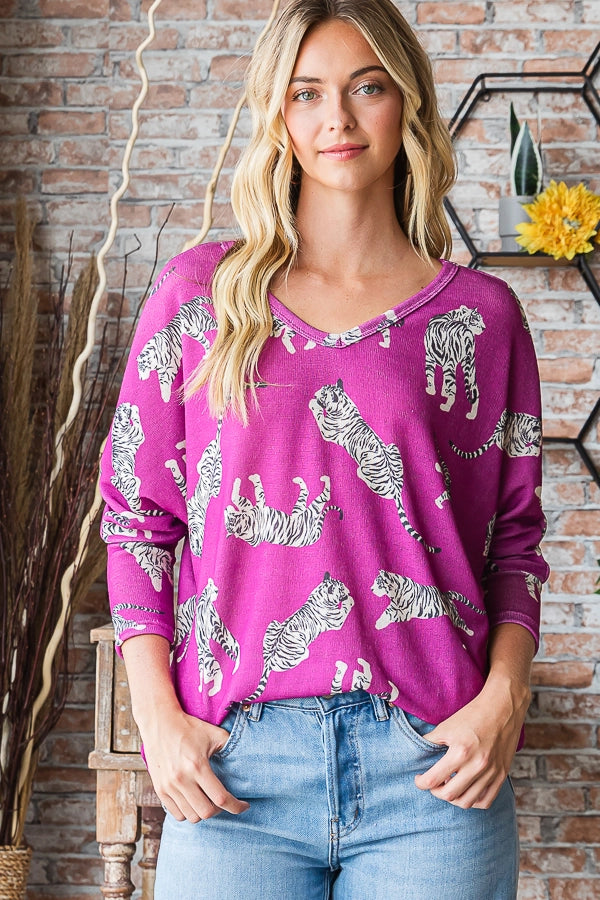 Tonya Tiger Print Magenta Knit Top