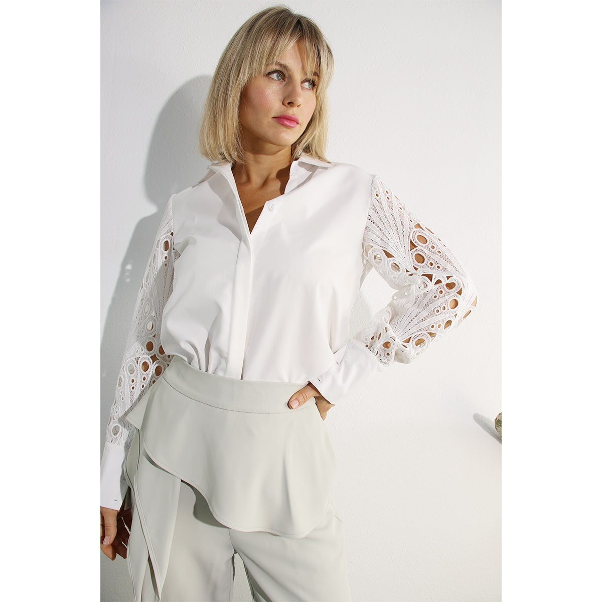Ms. Alice Lace Sleeve Button Down Blouse