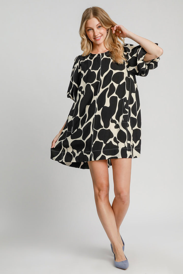 Two Tone Abstract Print Puff Sleeve Dress - Umgee