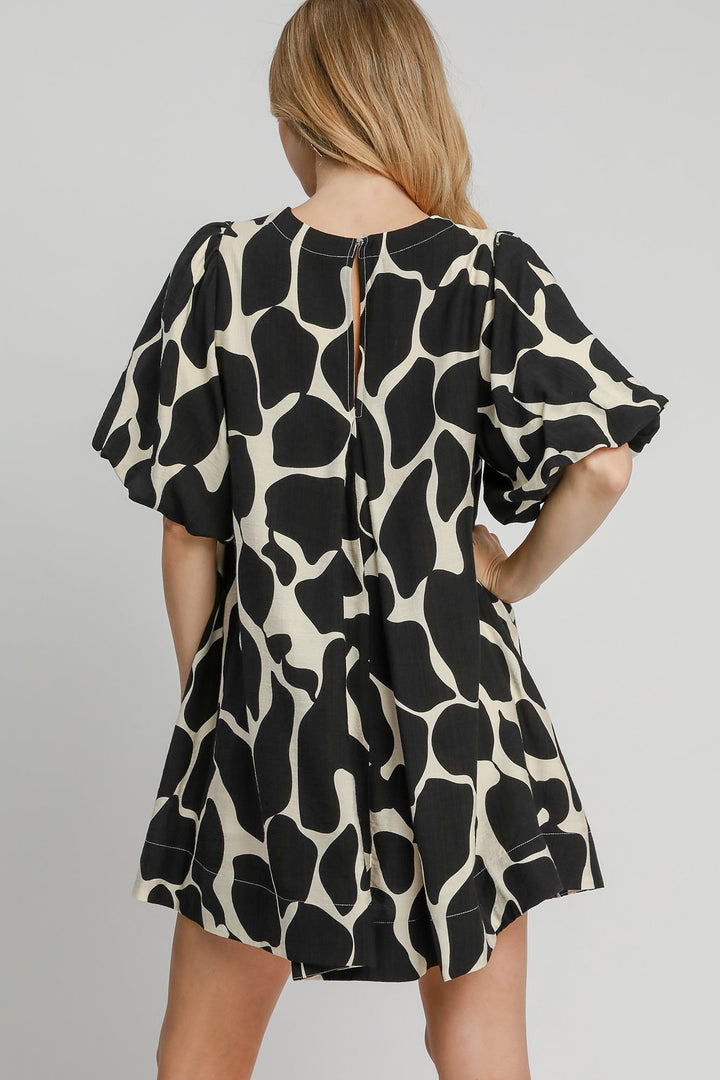 Two Tone Abstract Print Puff Sleeve Dress - Umgee