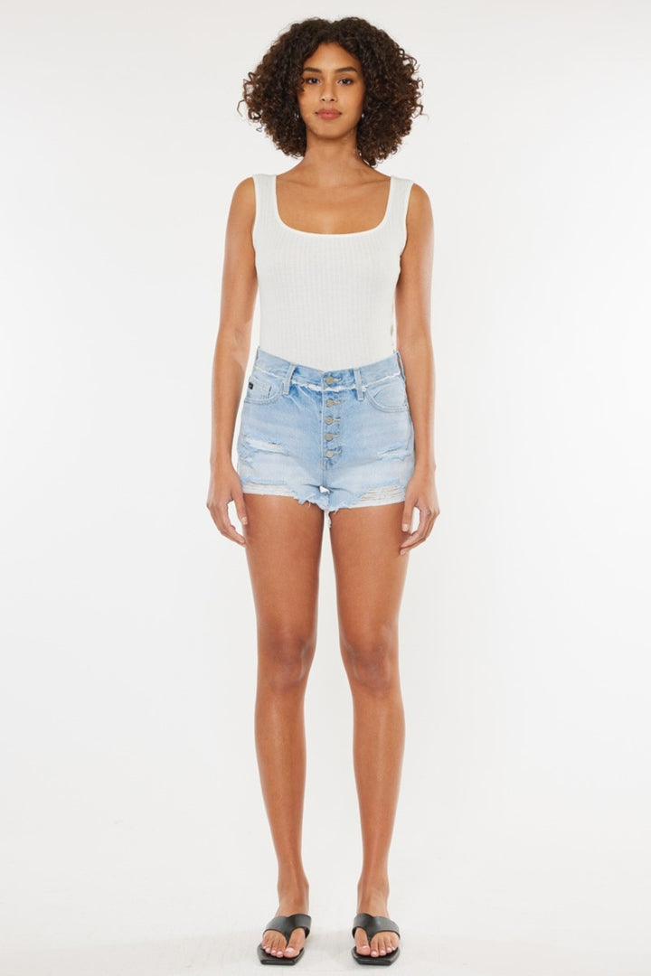 Cora Distressed Button Fly Denim Shorts Kancan