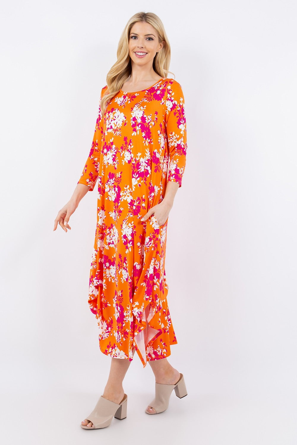 Celeste Pick-Up Hem Asymmetric Floral Midi Dress