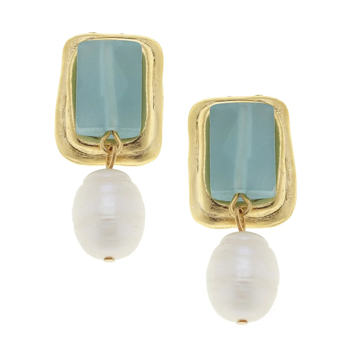 Gold and Aqua Quartz Rectangle with Genuine Freshwater Pearl Clip Earrings
