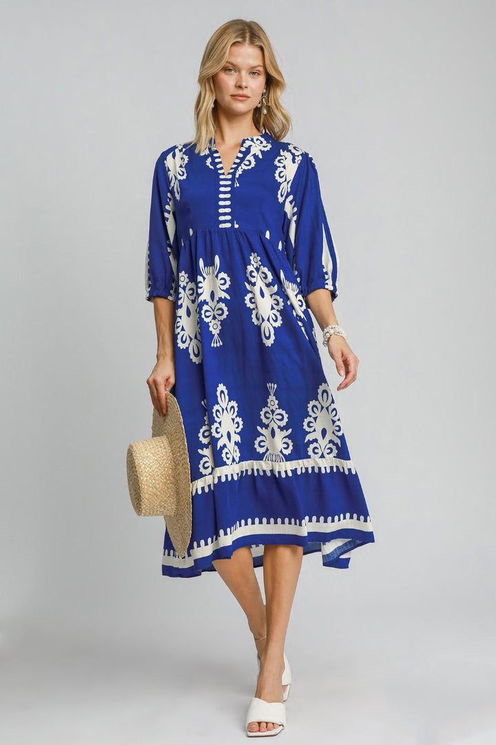 Blue & Ivory Printed Notched Midi Dress - Umgee