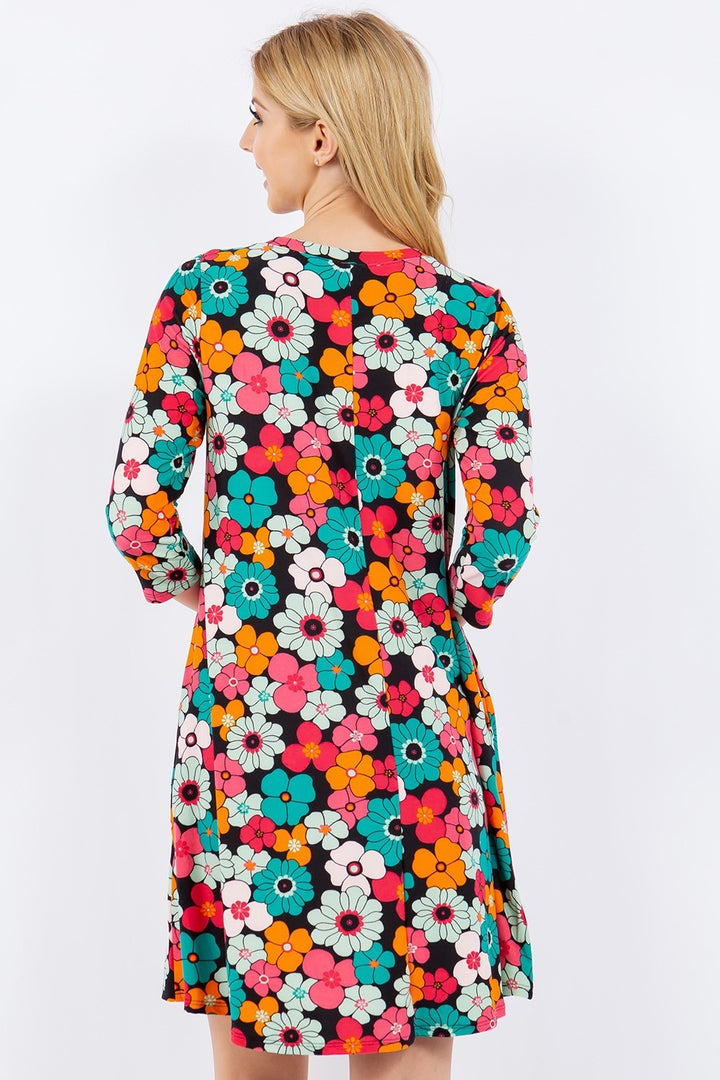 Celeste Floral Three-Quarter Sleeve Dress with Pockets