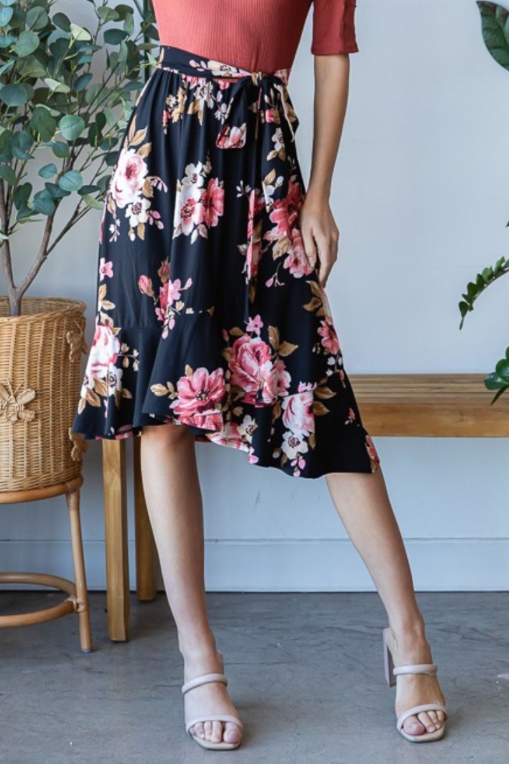 Imogene Black Floral Wrap Ruffle Hem Skirt