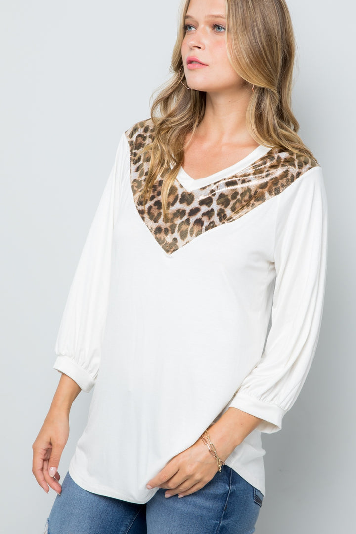 Celeste Leopard Contrast Balloon Sleeve Top