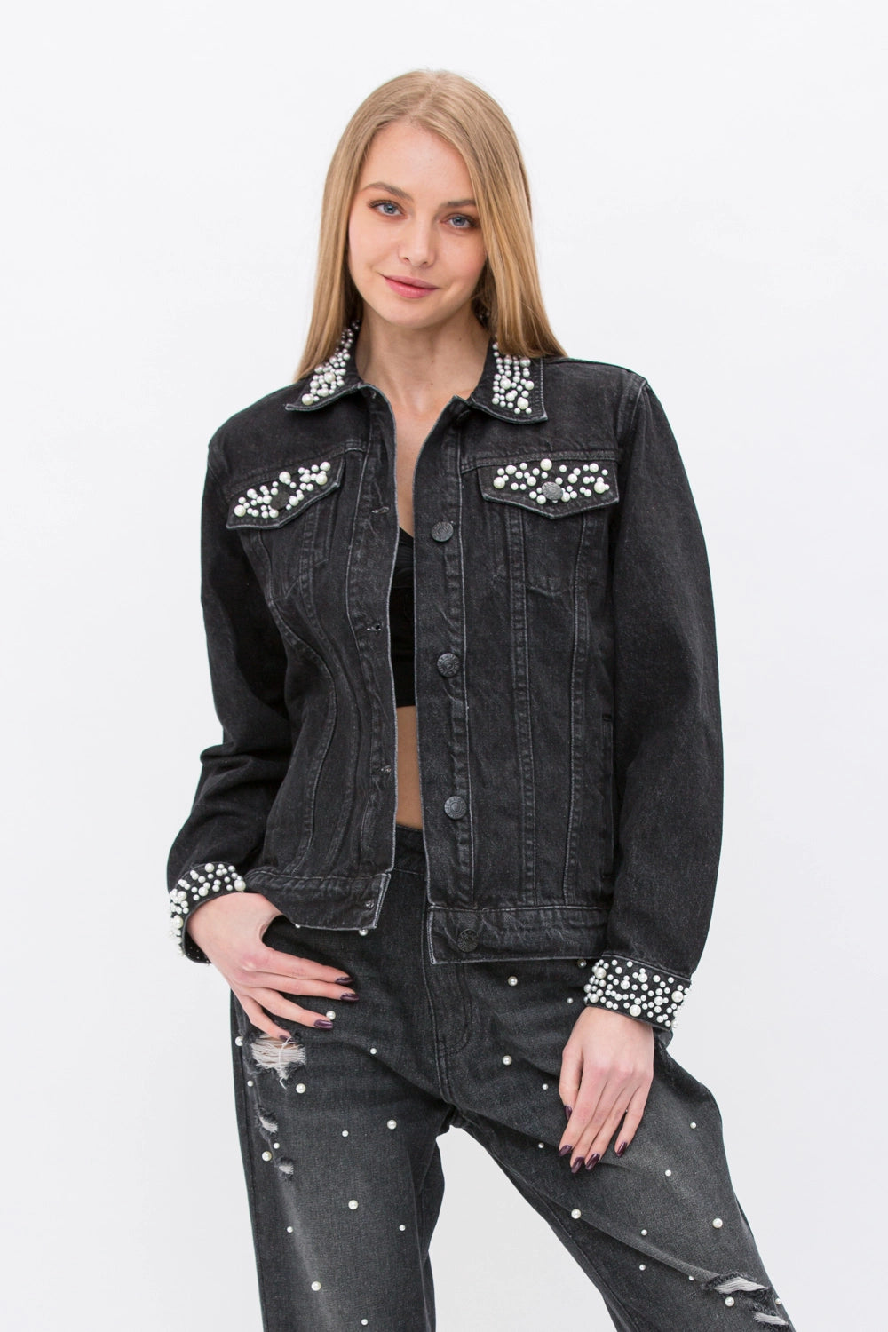 Pearl Embellished Jacket in Black