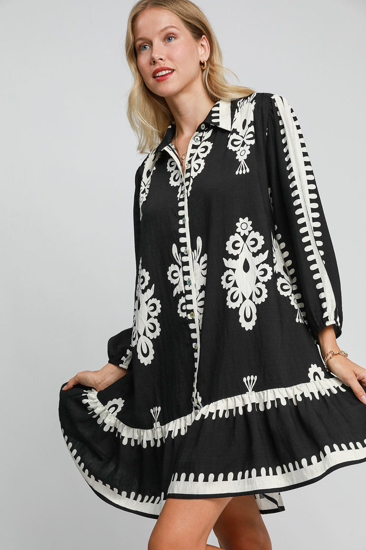 Black and Ivory Border Print Button Down Ruffled Hem Dress - Umgee