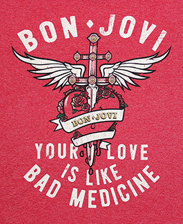Bon Jovi Bad Medicine graphic with winged heart, dagger and roses on red background
