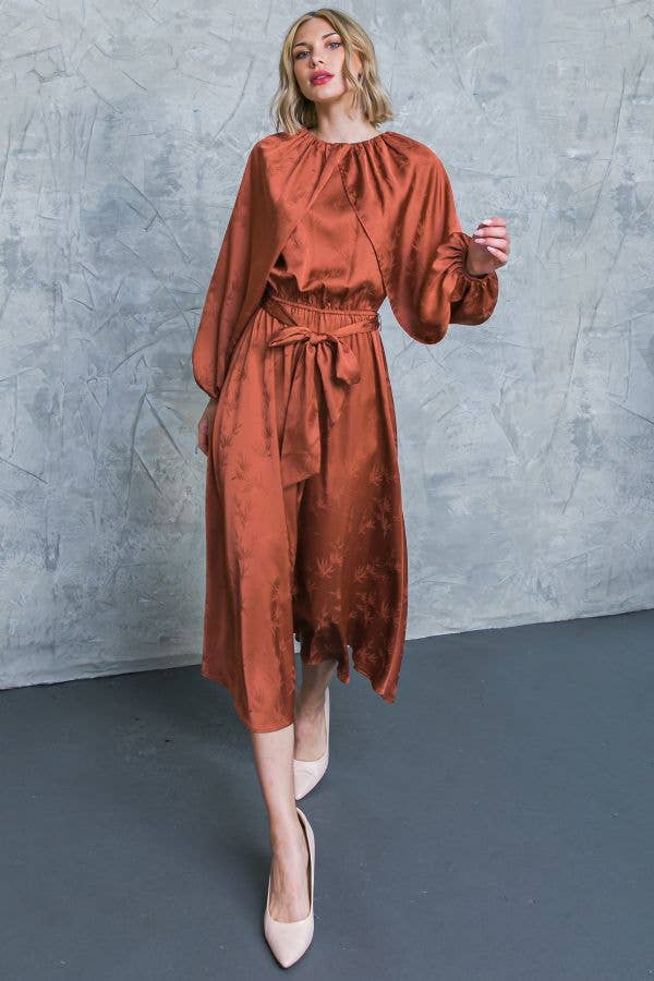 Front view of Autumn Glow bronze jacquard satin midi dress