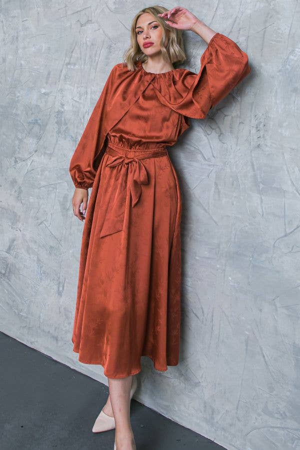 Bronze satin midi dress with layered long sleeves and tie waist
