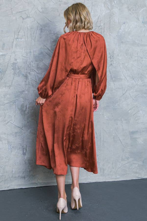 Back view of bronze jacquard satin midi dress with layered sleeves