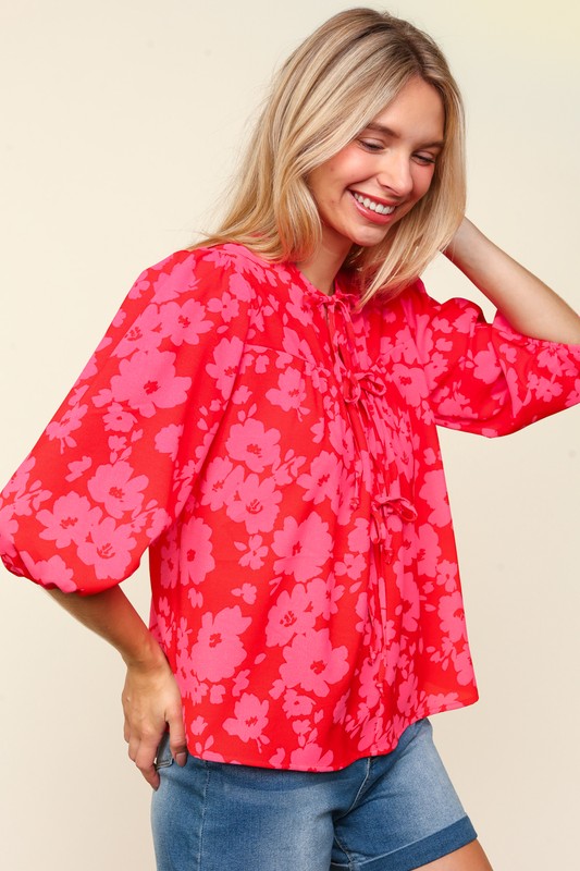 Haptics Ribbon Front Tie Floral Balloon Sleeve Blouse