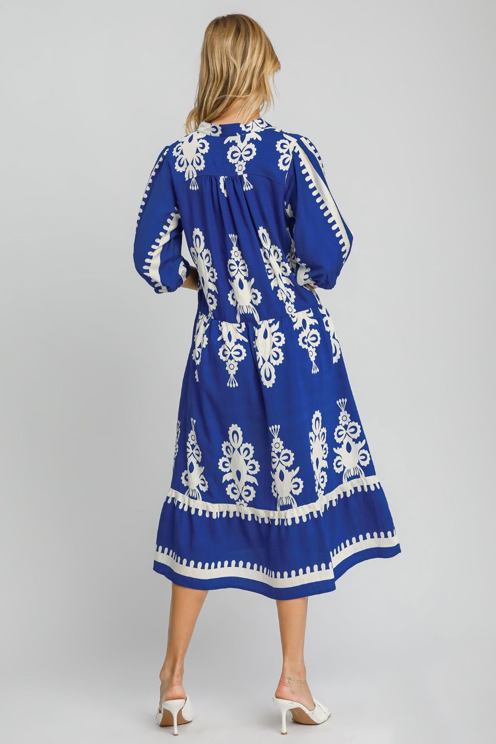 Blue & Ivory Printed Notched Midi Dress - Umgee