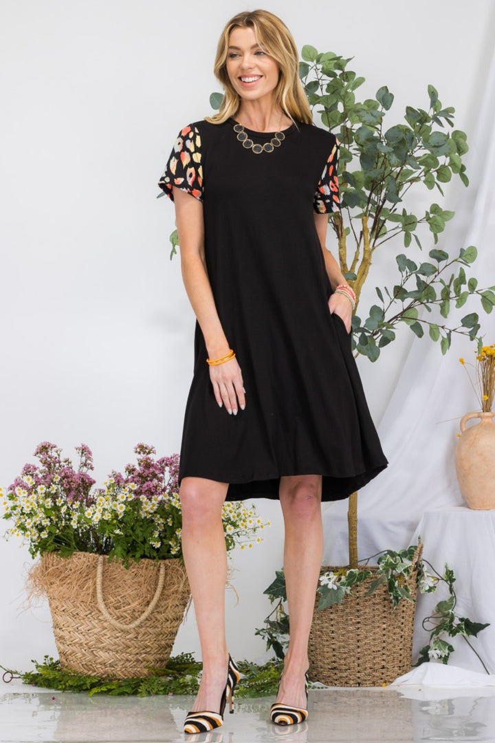 Celeste Leopard Short Sleeve Dress with Pockets