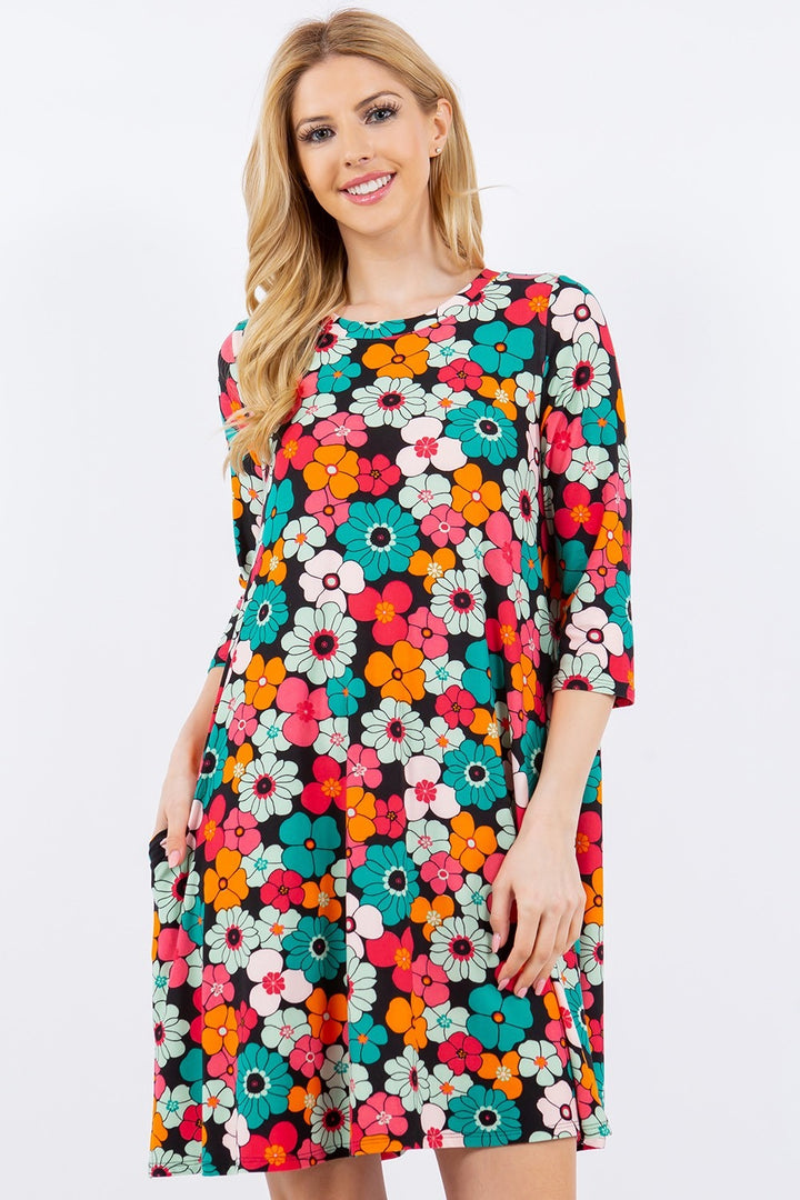 Celeste Floral Three-Quarter Sleeve Dress with Pockets