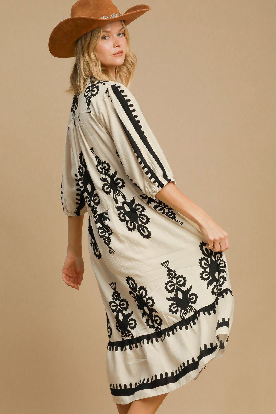 Ivory and Black Printed Notched Midi Dress - Umgee