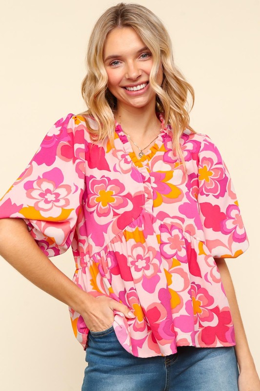 Haptics Frill Floral Puff Sleeve Blouse