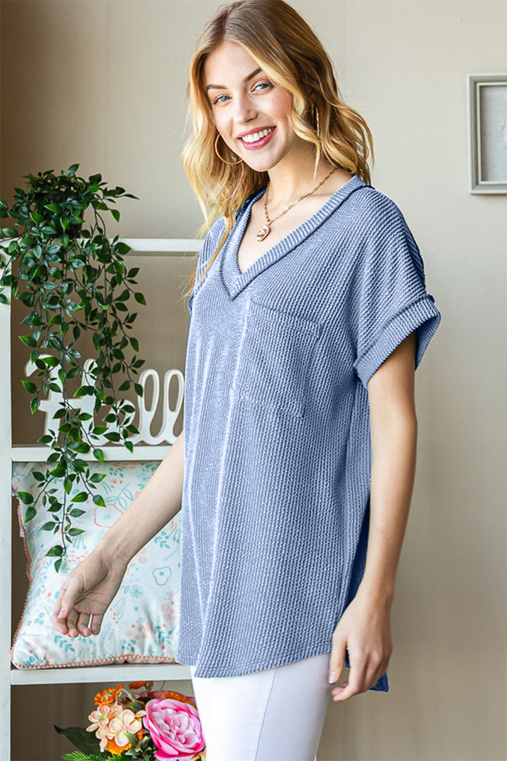 Heimish Front Pocket Short Sleeve Ribbed Top