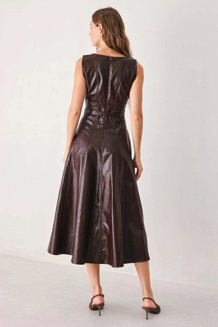 Back view of dark brown faux leather midi dress with zipper closure