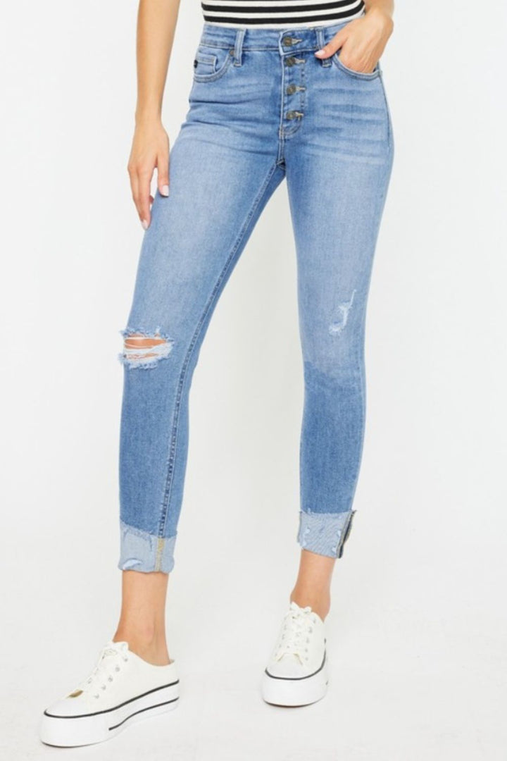 Delilah Distressed Cat's Whiskers Button Fly Jeans Kancan