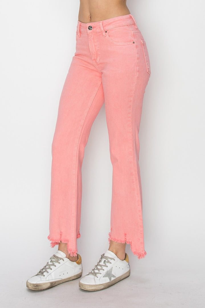 Coral Raw Hem Bootcut Jeans with Pockets RISEN