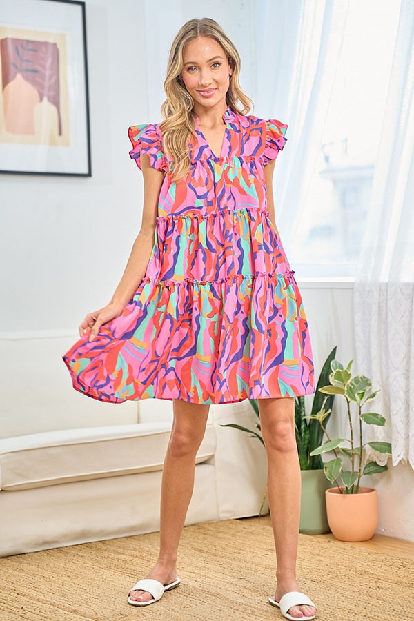 Printed Ruffle Cap Sleeve Tiered Dress - First Love