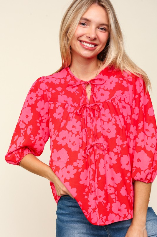 Haptics Ribbon Front Tie Floral Balloon Sleeve Blouse