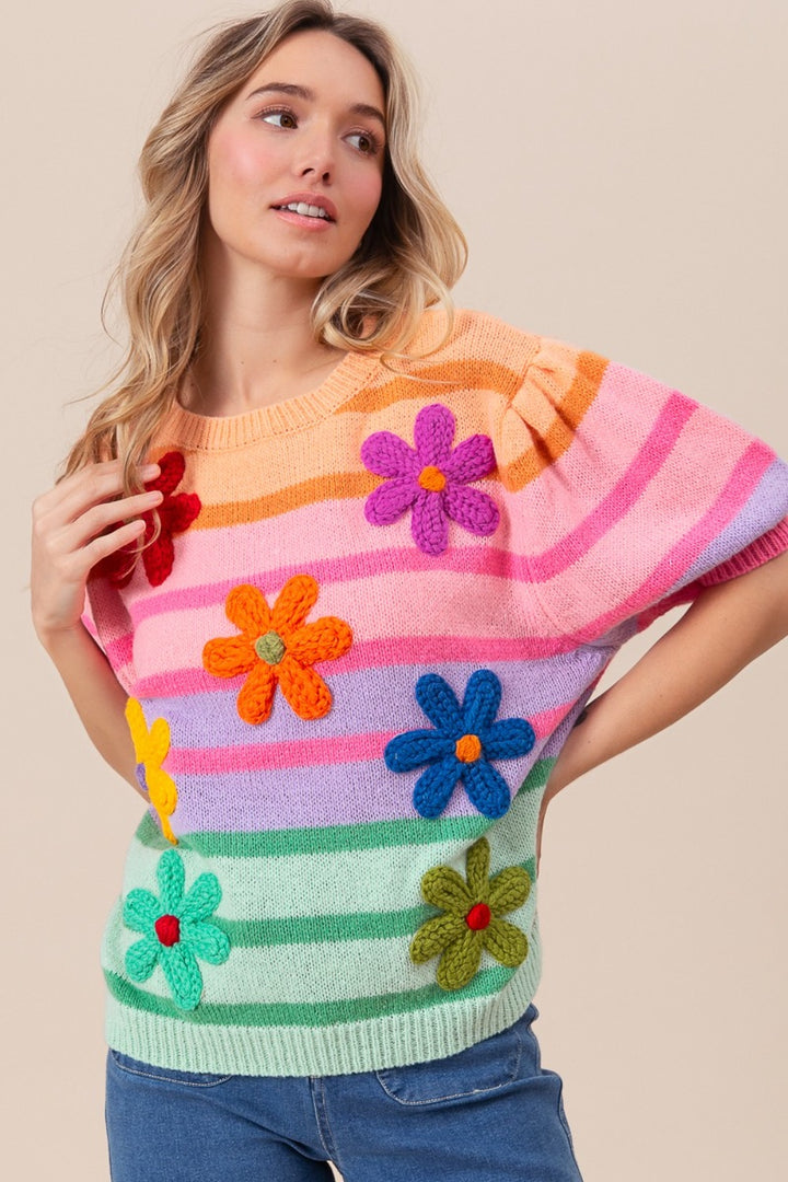Flower Patch Puff Sleeve Striped Sweater BiBi