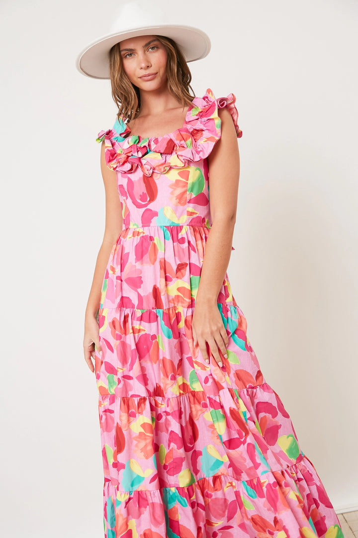 Sweet Jen Tied Back Floral Ruffle Maxi Dress