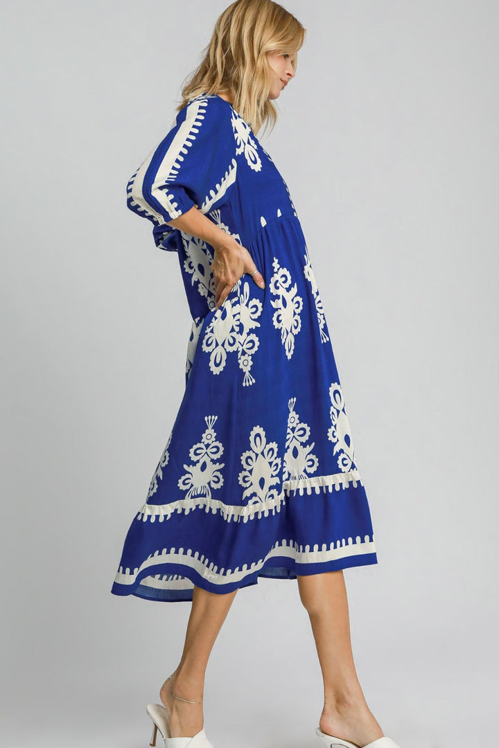 Blue & Ivory Printed Notched Midi Dress - Umgee