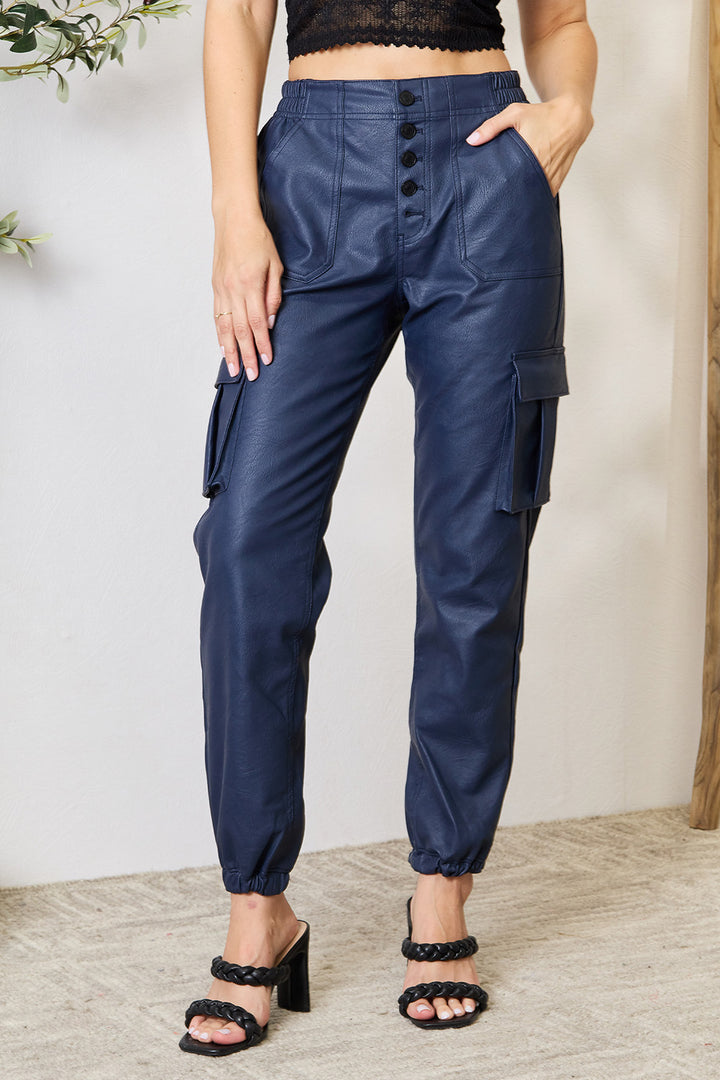 Josie High Waist Faux Leather Cargo Joggers Kancan