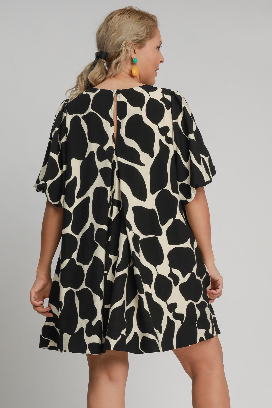 Two Tone Abstract Print Puff Sleeve Dress - Umgee