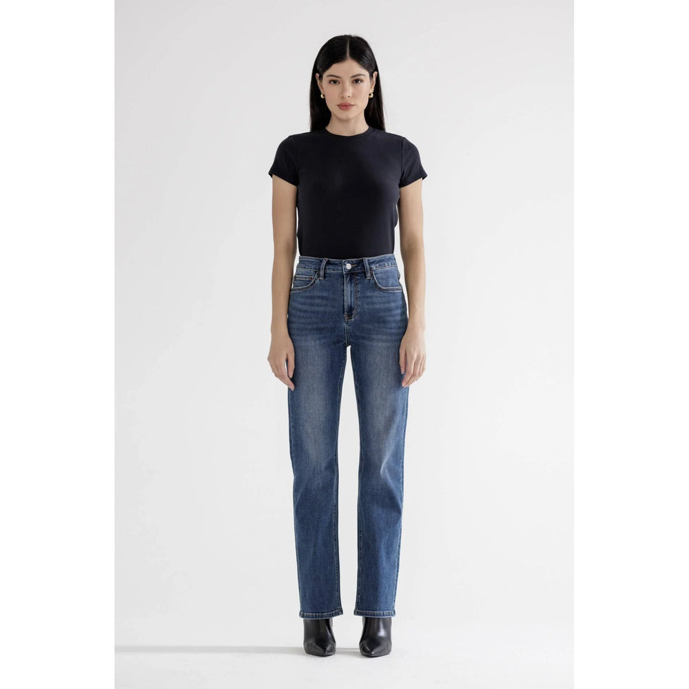Front view of Mica Denim high rise straight jeans in medium blue wash