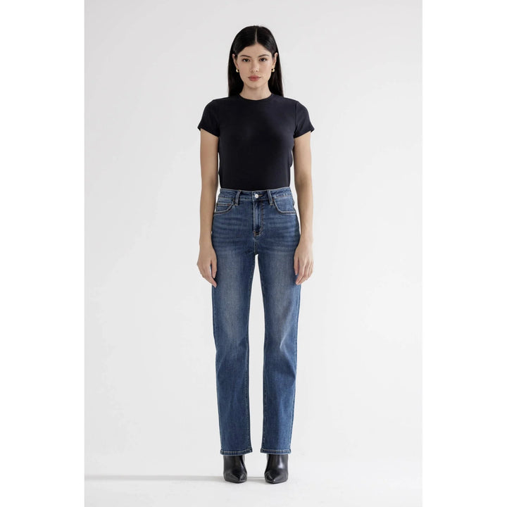 Front view of Mica Denim high rise straight jeans in medium blue wash