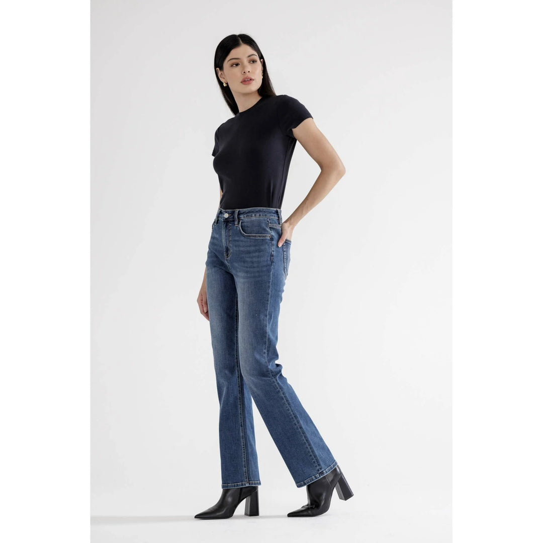 Side view of Mica Denim DoYou Blue high rise straight leg jeans