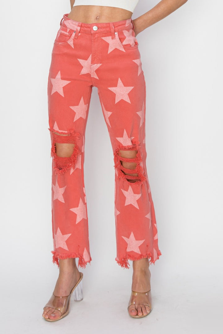 I'm A Star Distressed Raw Hem Star Pattern Jeans - RISEN