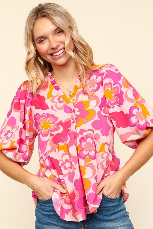 Haptics Frill Floral Puff Sleeve Blouse