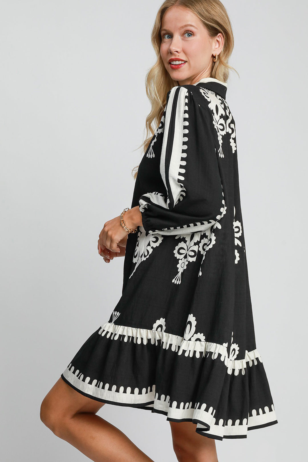 Black and Ivory Border Print Button Down Ruffled Hem Dress - Umgee